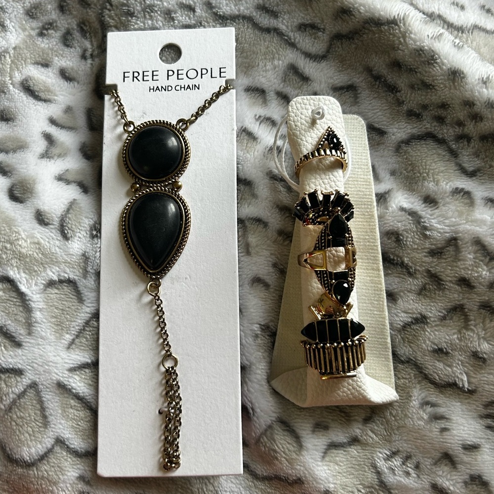 Free People Black and Gold Hand Chain and Ring Set